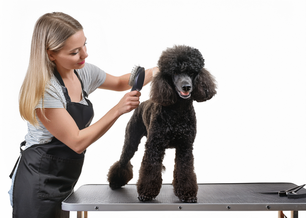 Woman grooming poodle on grooming table.